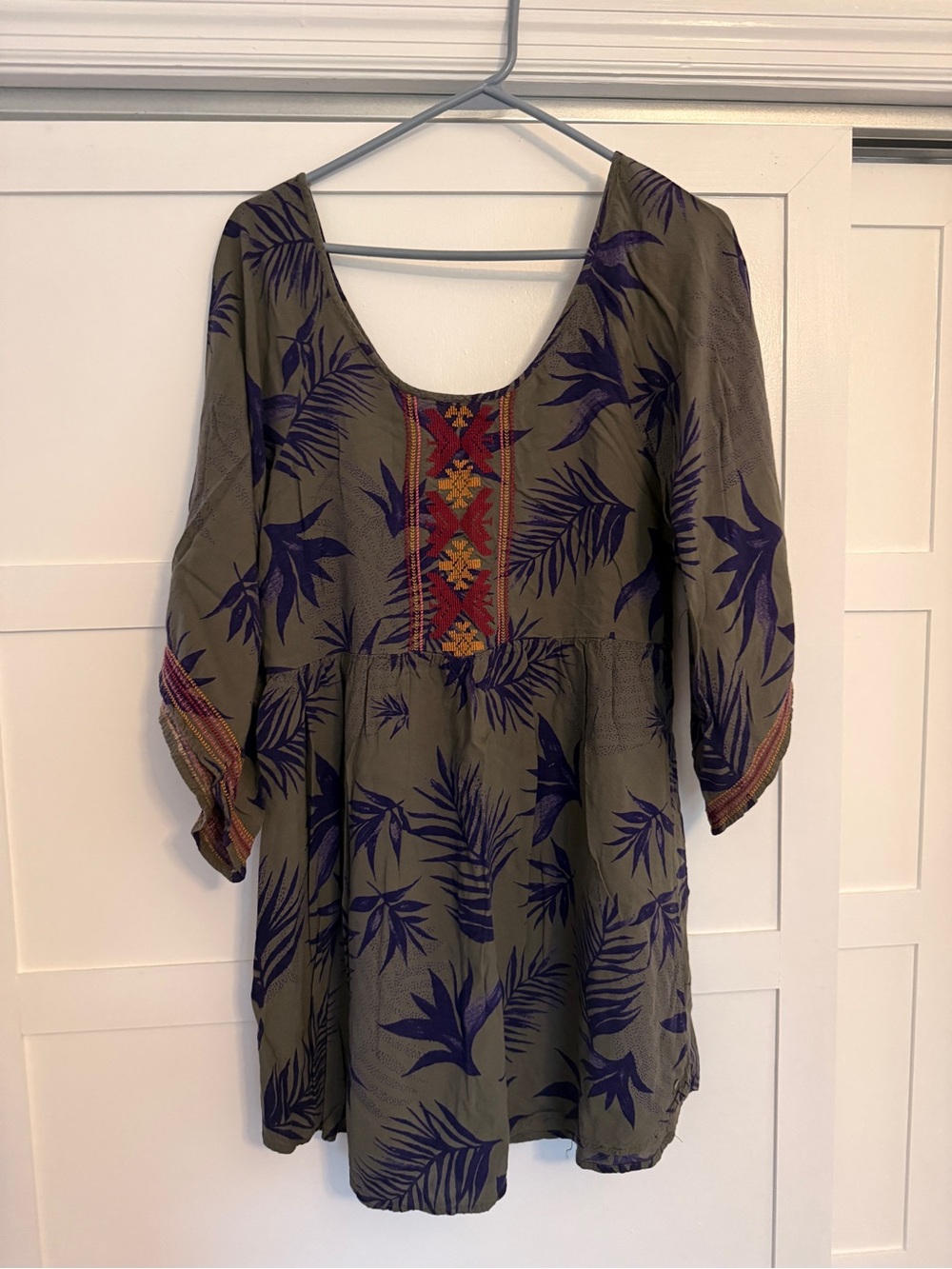 Roxy Olive Green Tunic with Navy Leaf Print and Red Embroidered Panel